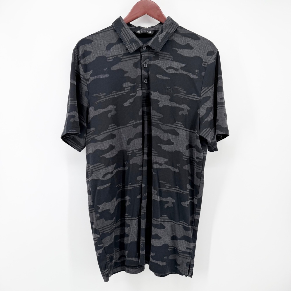 TravisMathew Men XL Nip In The Air Camo Golf Polo Shirt Black Gray Palm Tree